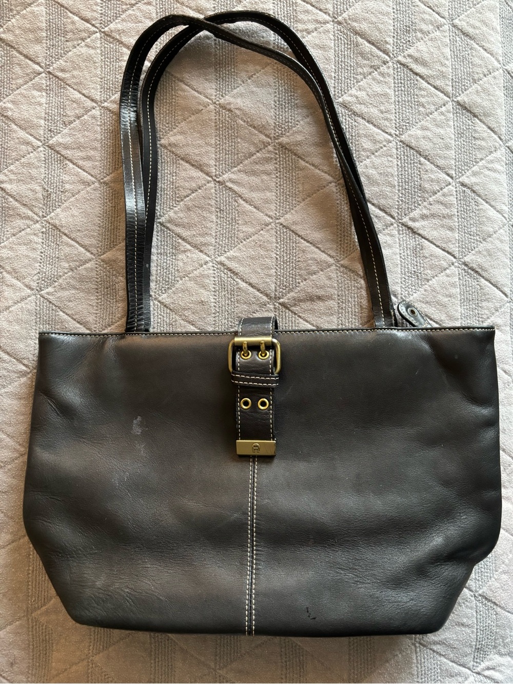Vintage Etienne Aigner Black Leather Tote Shoulder Bag Gold Buckle